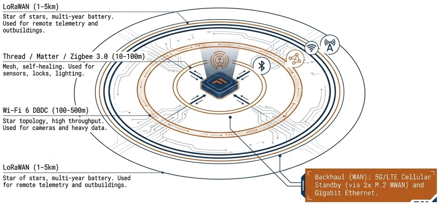 Last-mile connectivity topology: a central edge gateway with LoRaWAN star-of-stars at 1 to 5 km, Thread, Matter and Zigbee mesh at 10 to 100 m, Wi-Fi 6 DBDC star at 100 to 500 m, and WAN backhaul over 5G/LTE cellular standby on two M.2 WWAN slots plus gigabit Ethernet