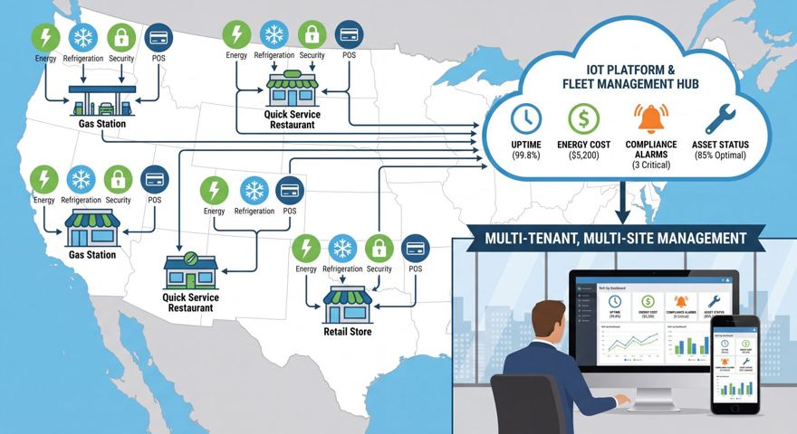 Multi-site unattended retail and vending fleet operations hub