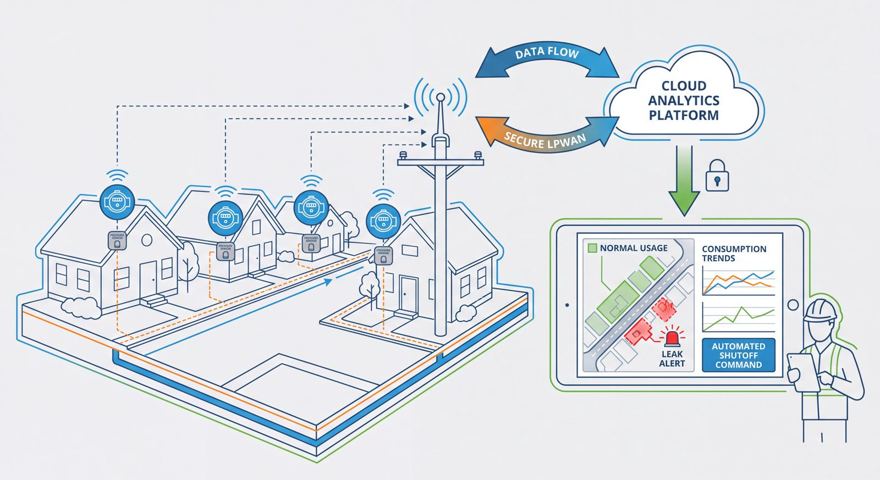 Smart water metering across a neighbourhood with leak detection